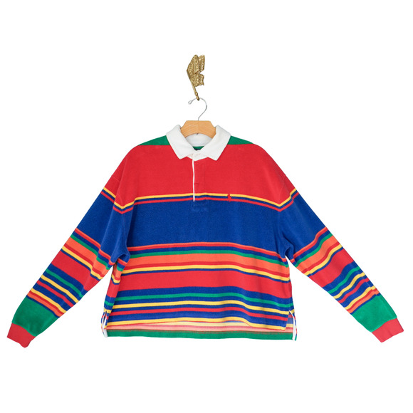POLO RALPH LAUREN Women Oversized Terry Rugby Shirt M Academia Preppy Old Money - Picture 1 of 16